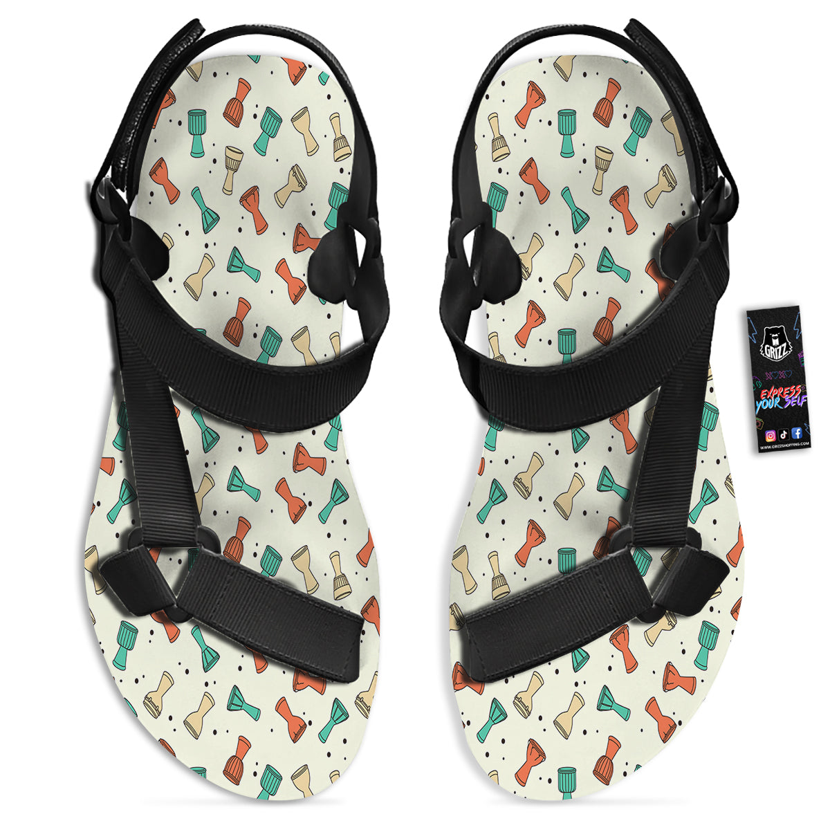 Cartoon Drum Print Pattern Black Open Toe Sandals-grizzshop