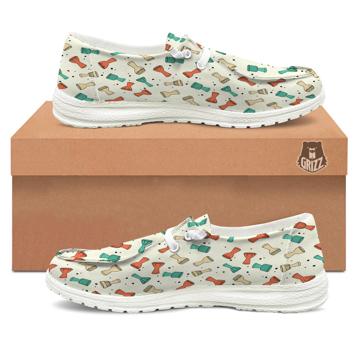 Cartoon Drum Print Pattern White Loafers-grizzshop