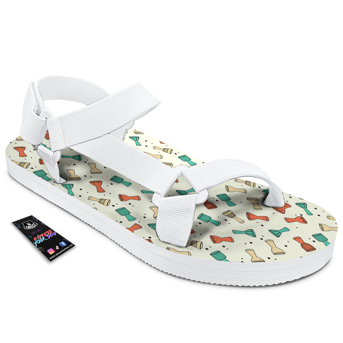 Cartoon Drum Print Pattern White Open Toe Sandals-grizzshop
