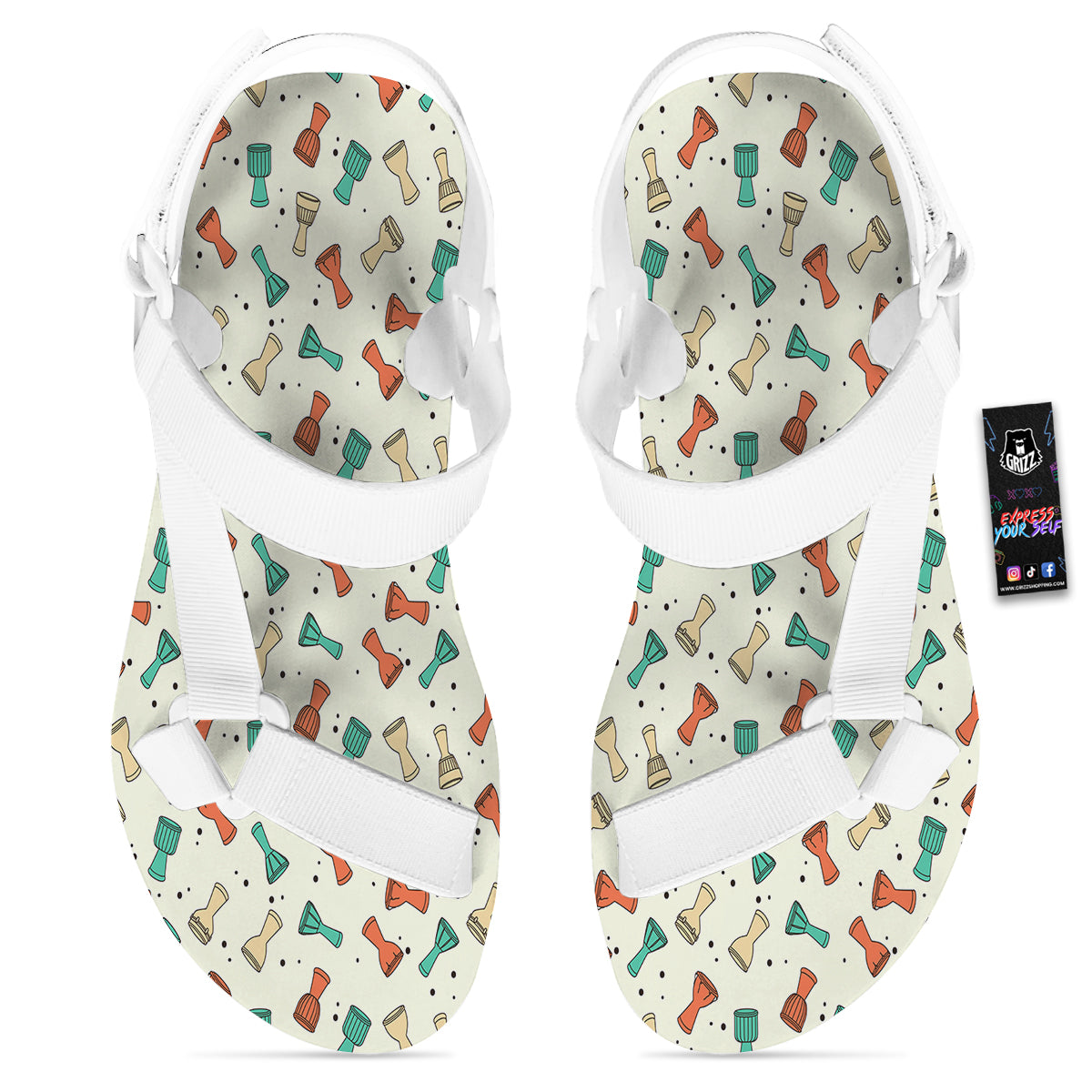 Cartoon Drum Print Pattern White Open Toe Sandals-grizzshop