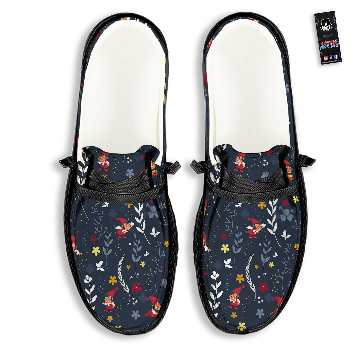 Cartoon Elf And Floral Print Pattern Black Loafers-grizzshop