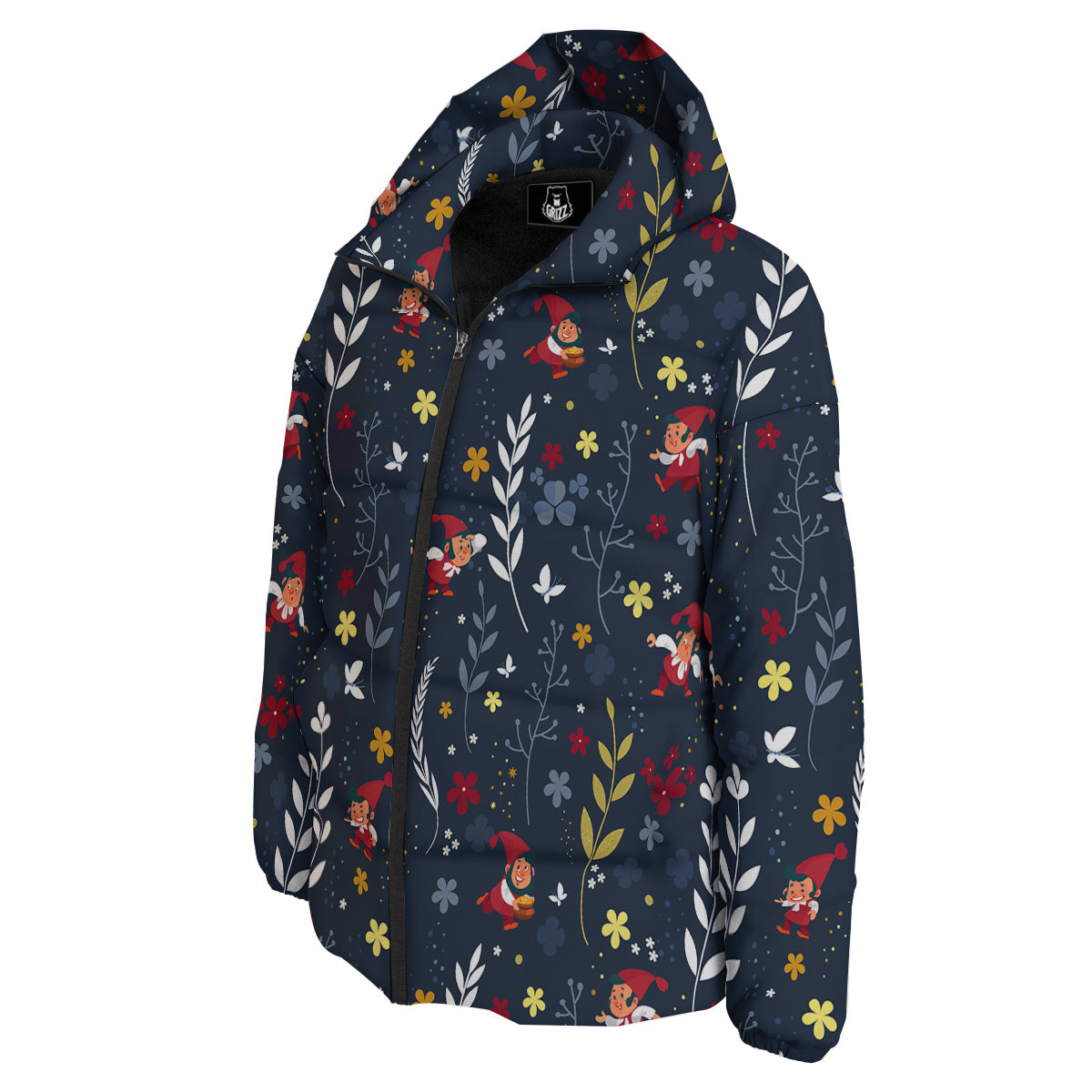 Cartoon Elf And Floral Print Pattern Down Jacket-grizzshop