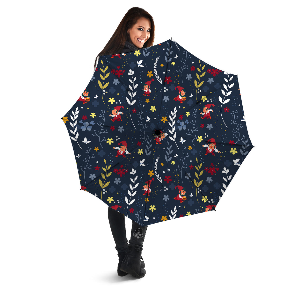 Cartoon Elf And Floral Print Pattern Umbrella-grizzshop