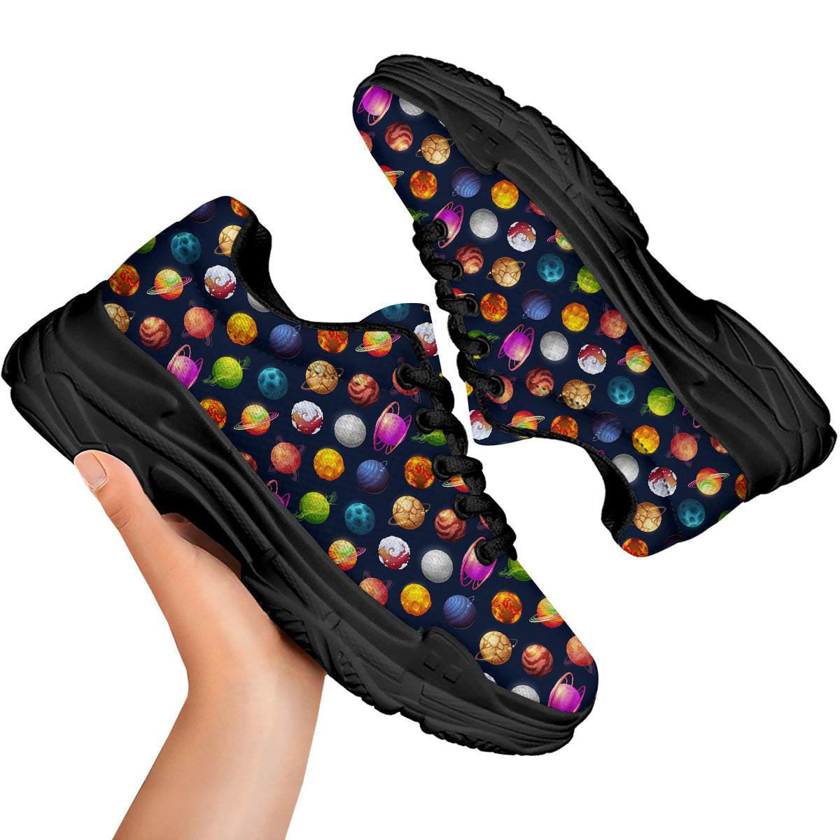 Cartoon Futuristic Planets Colorful Print Pattern Black Chunky Shoes-grizzshop