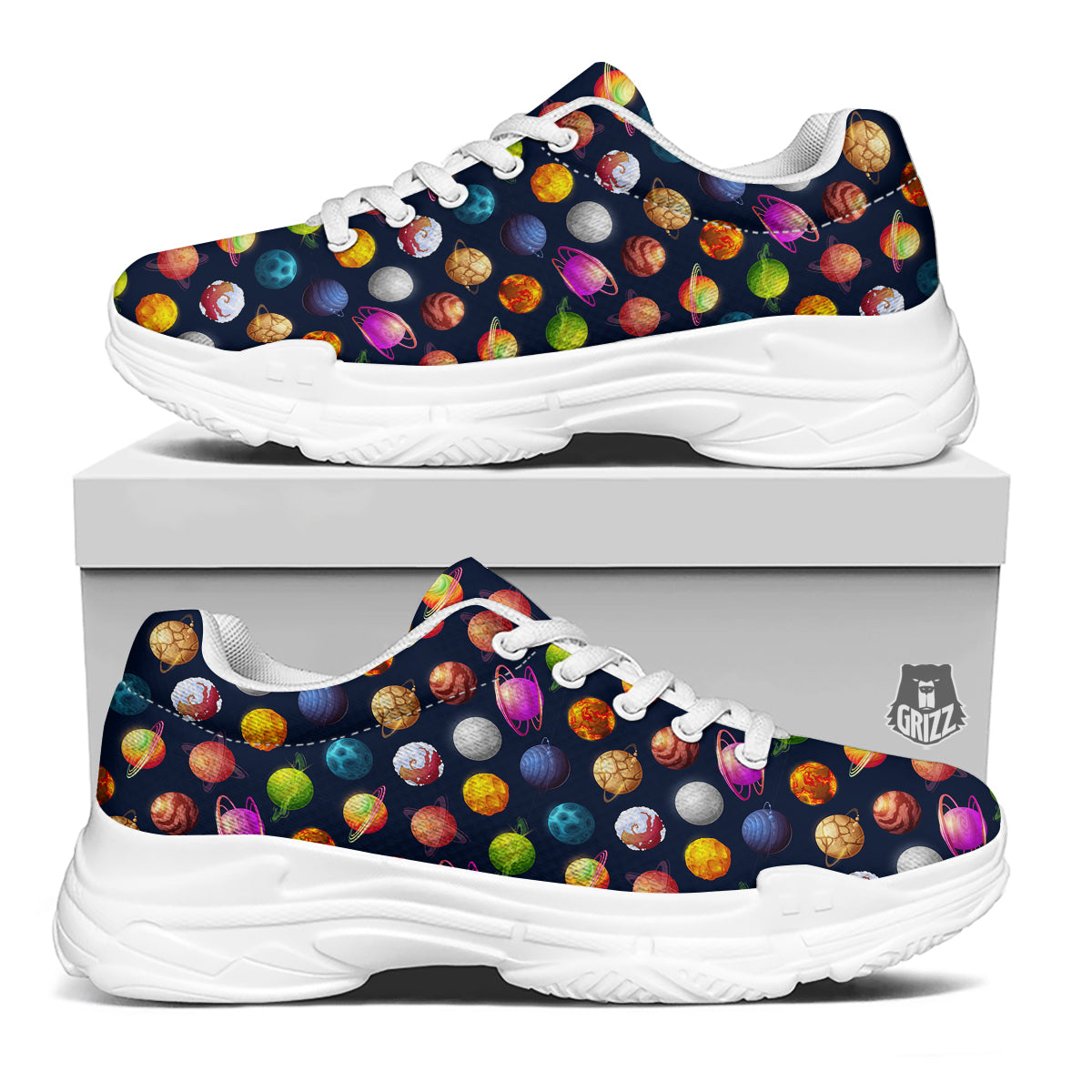 Cartoon Futuristic Planets Colorful Print Pattern White Chunky Shoes-grizzshop