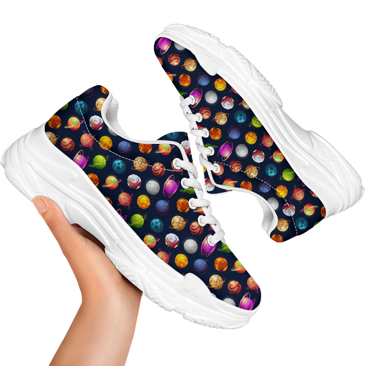 Cartoon Futuristic Planets Colorful Print Pattern White Chunky Shoes-grizzshop