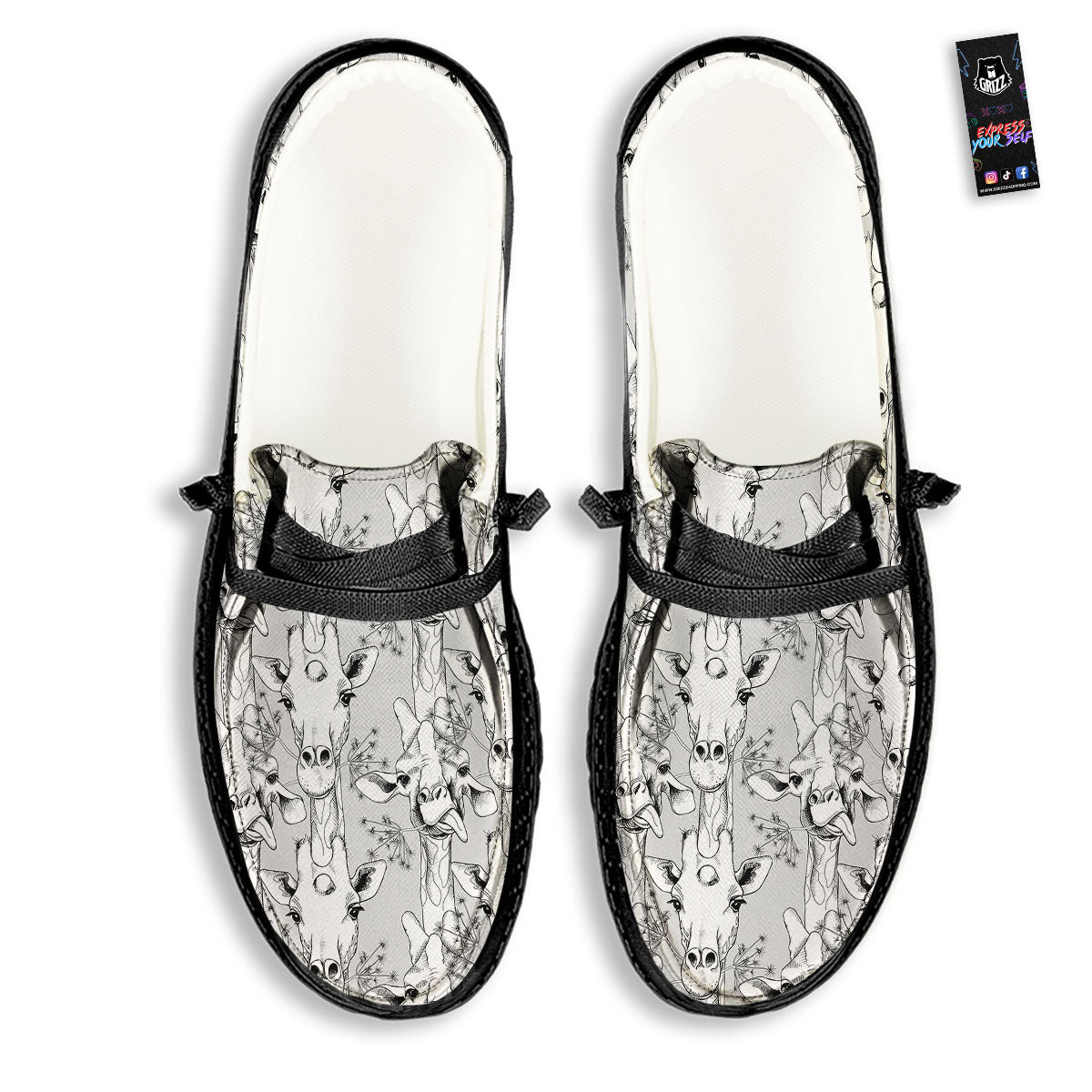 Cartoon Giraffe White And Black Print Black Loafers-grizzshop