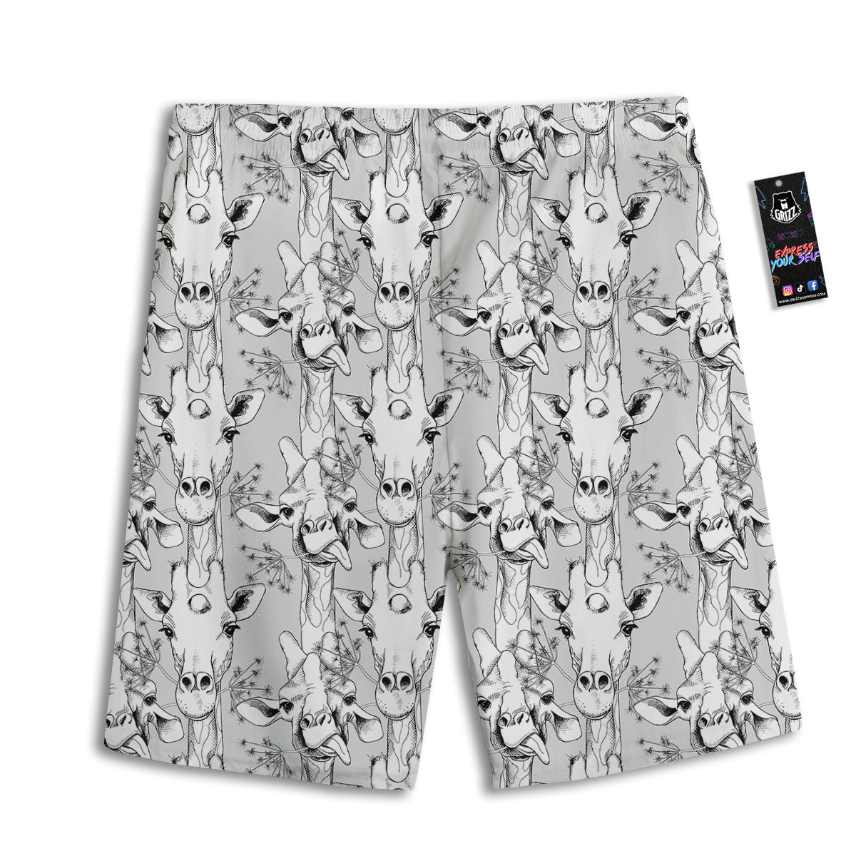 Cartoon Giraffe White And Black Print Men's Athletic Shorts