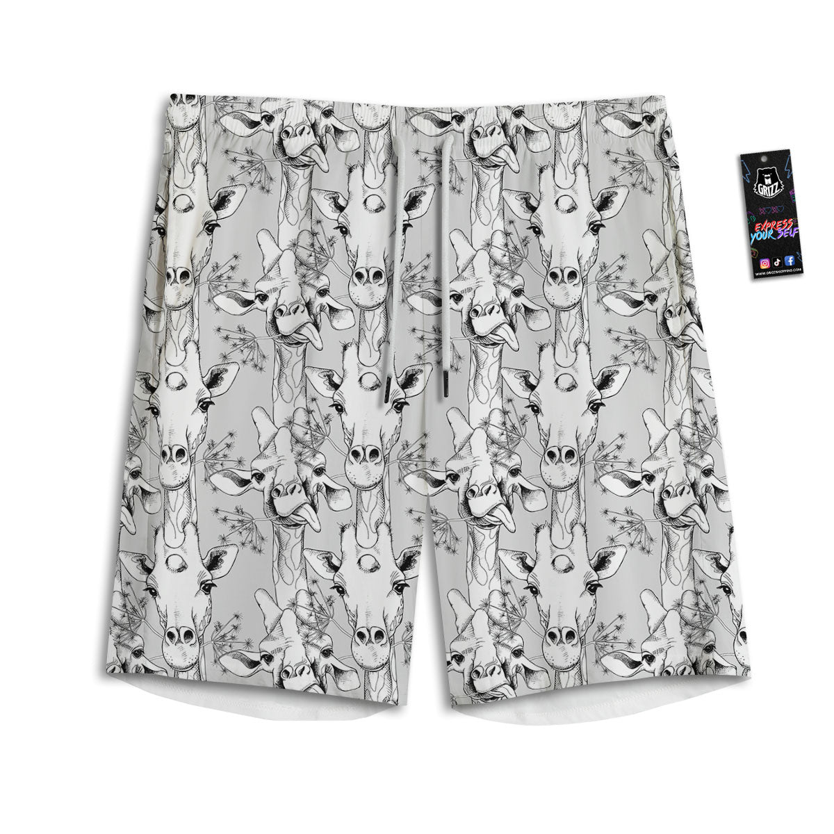Cartoon Giraffe White And Black Print Men's Athletic Shorts