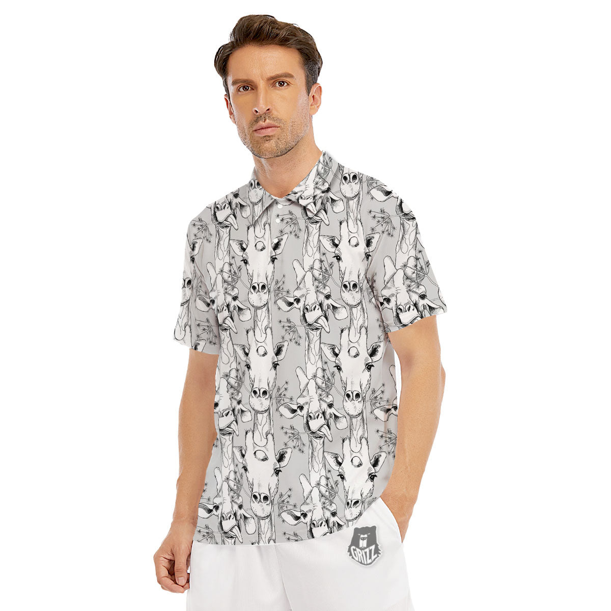 Cartoon Giraffe White And Black Print Men's Golf Shirts-grizzshop