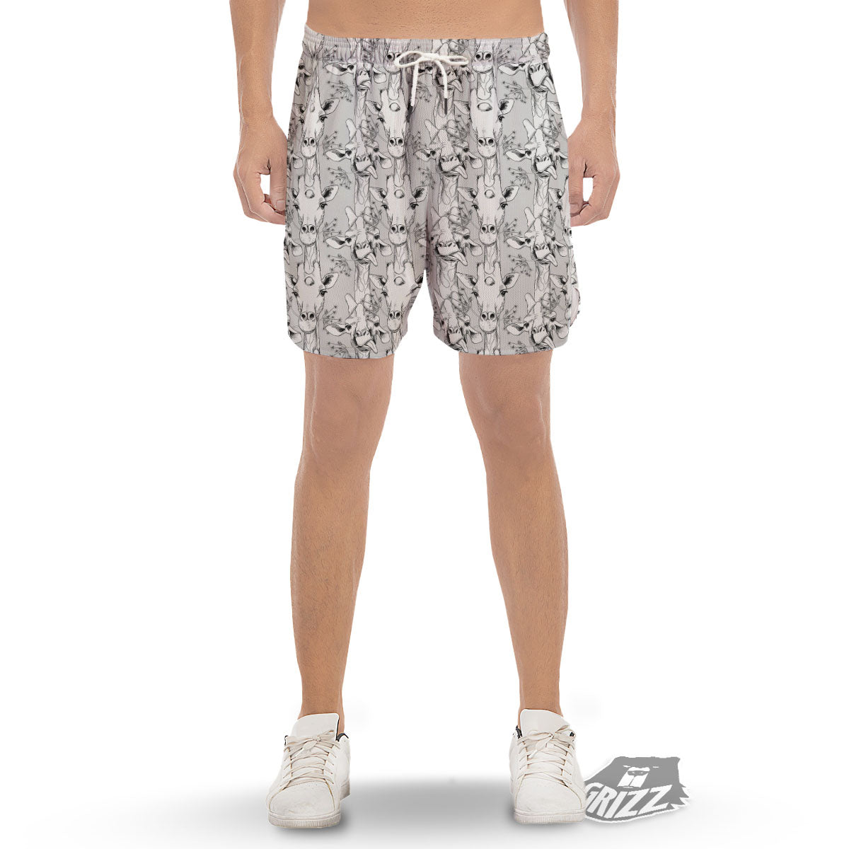Cartoon Giraffe White And Black Print Men's Gym Shorts-grizzshop