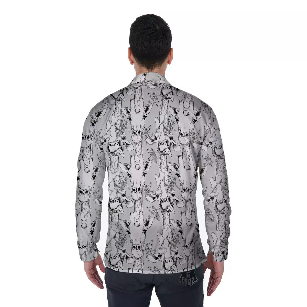Cartoon Giraffe White And Black Print Men's Long Sleeve Shirts-grizzshop