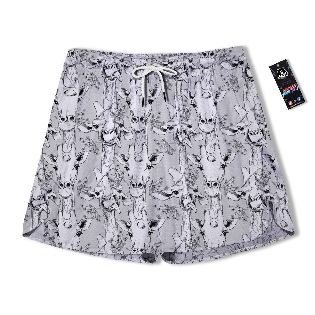 Cartoon Giraffe White And Black Print Men's Running Shorts-grizzshop