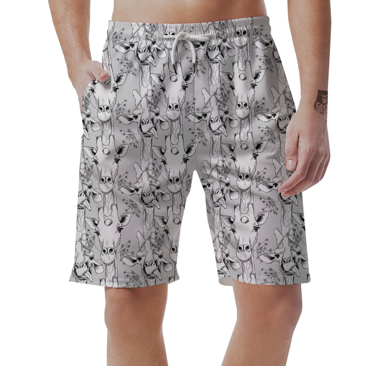 Cartoon Giraffe White And Black Print Men's Shorts-grizzshop