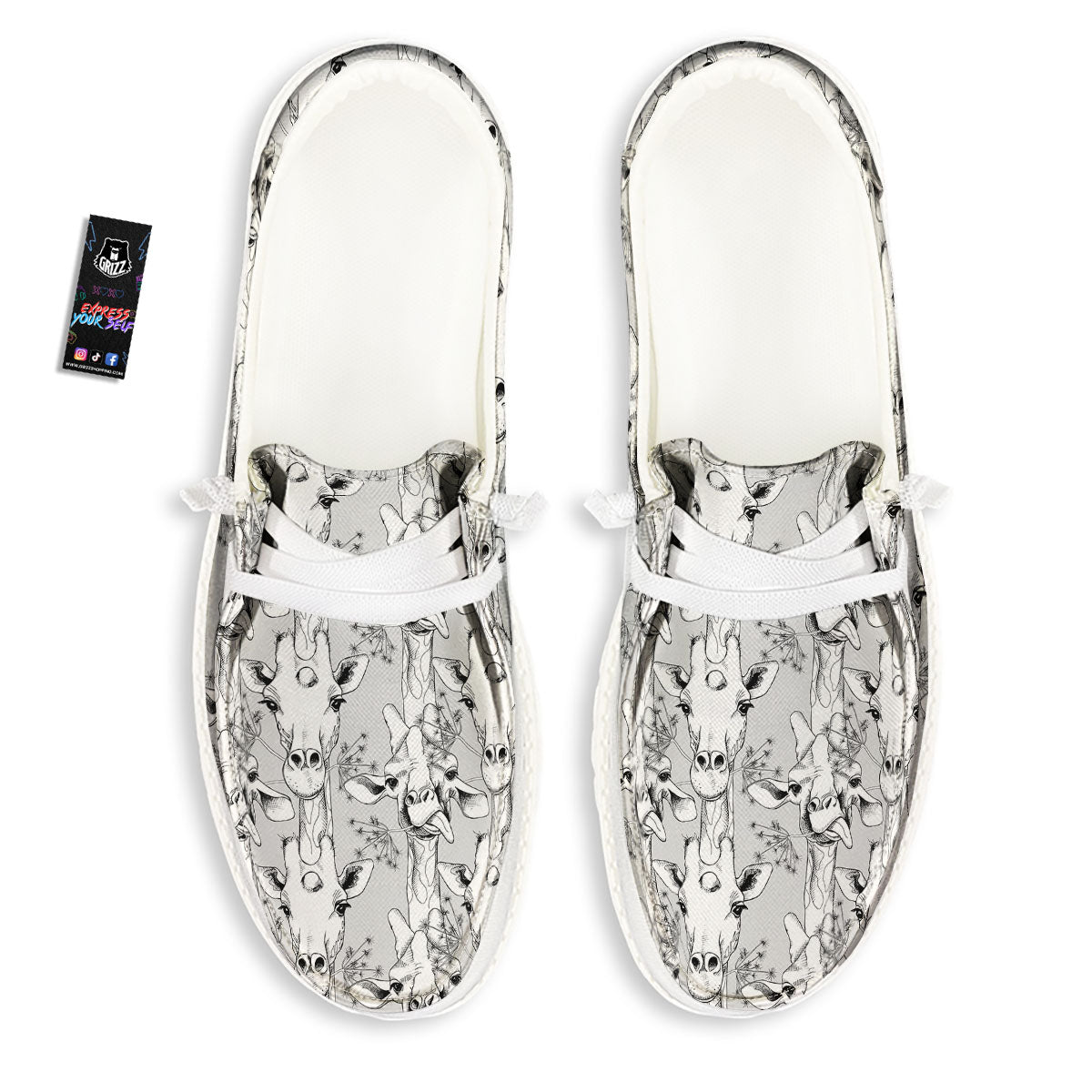 Cartoon Giraffe White And Black Print White Loafers-grizzshop