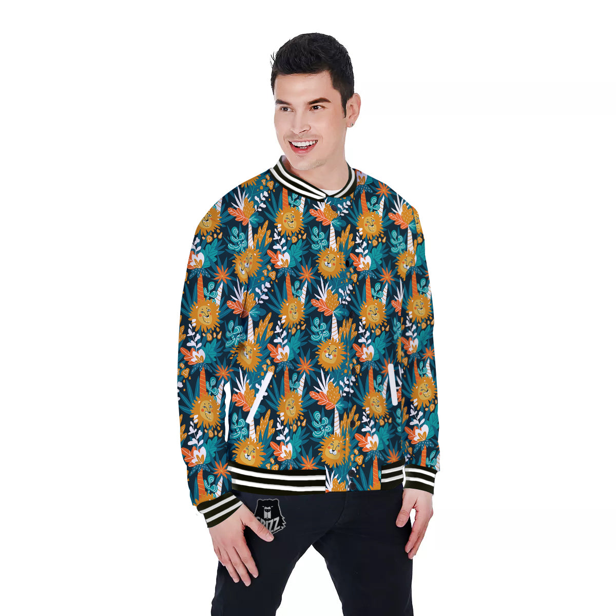 Cartoon Lion And Forest Print Pattern Baseball Jacket-grizzshop