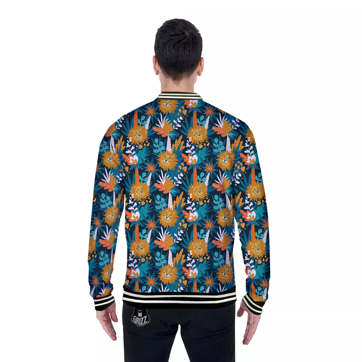 Cartoon Lion And Forest Print Pattern Baseball Jacket-grizzshop