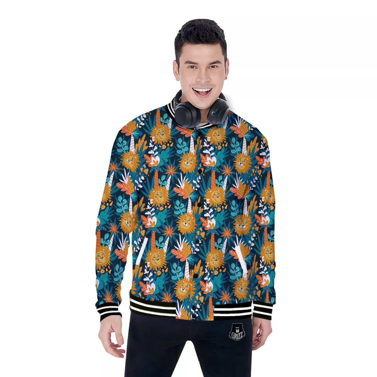 Cartoon Lion And Forest Print Pattern Baseball Jacket-grizzshop