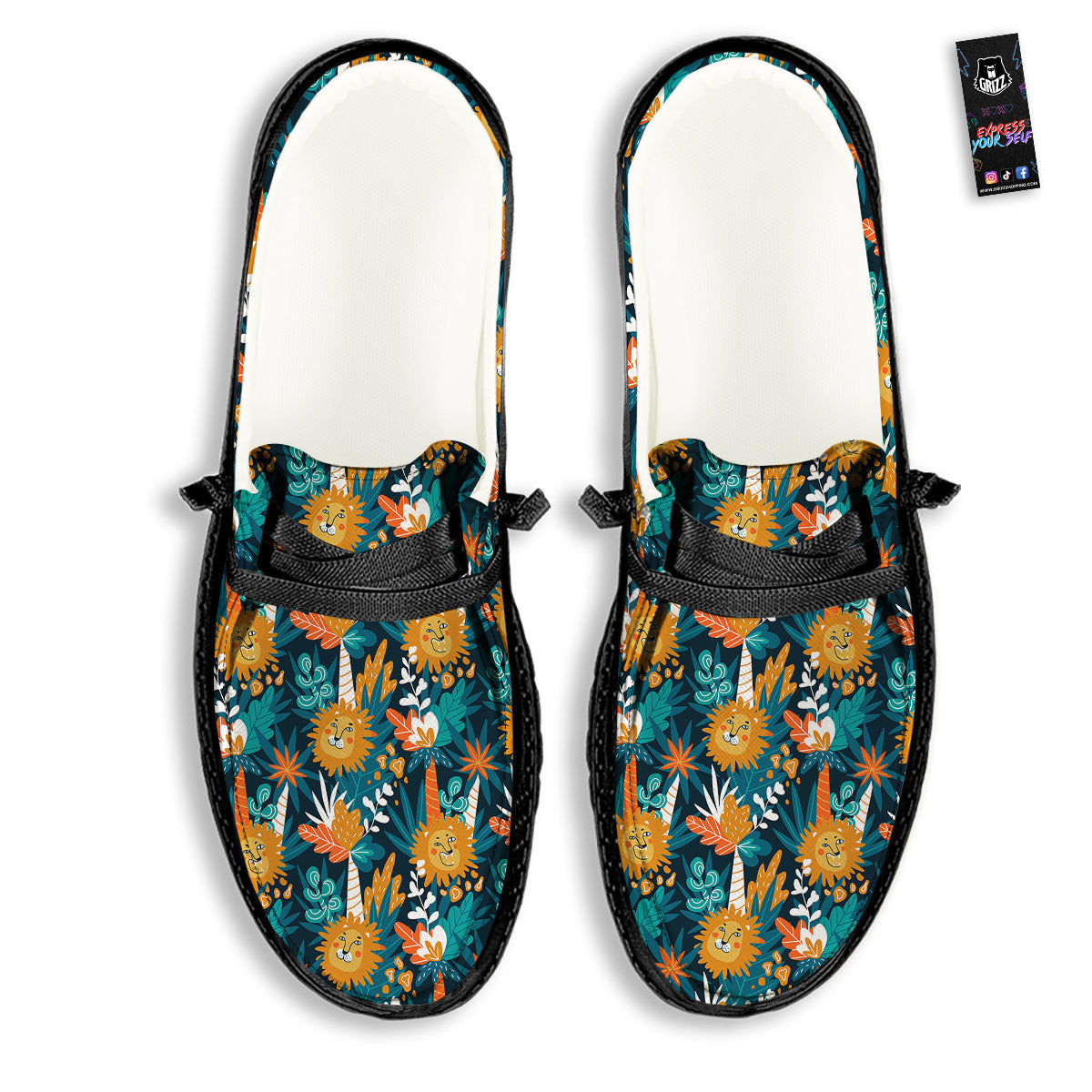 Cartoon Lion And Forest Print Pattern Black Loafers-grizzshop