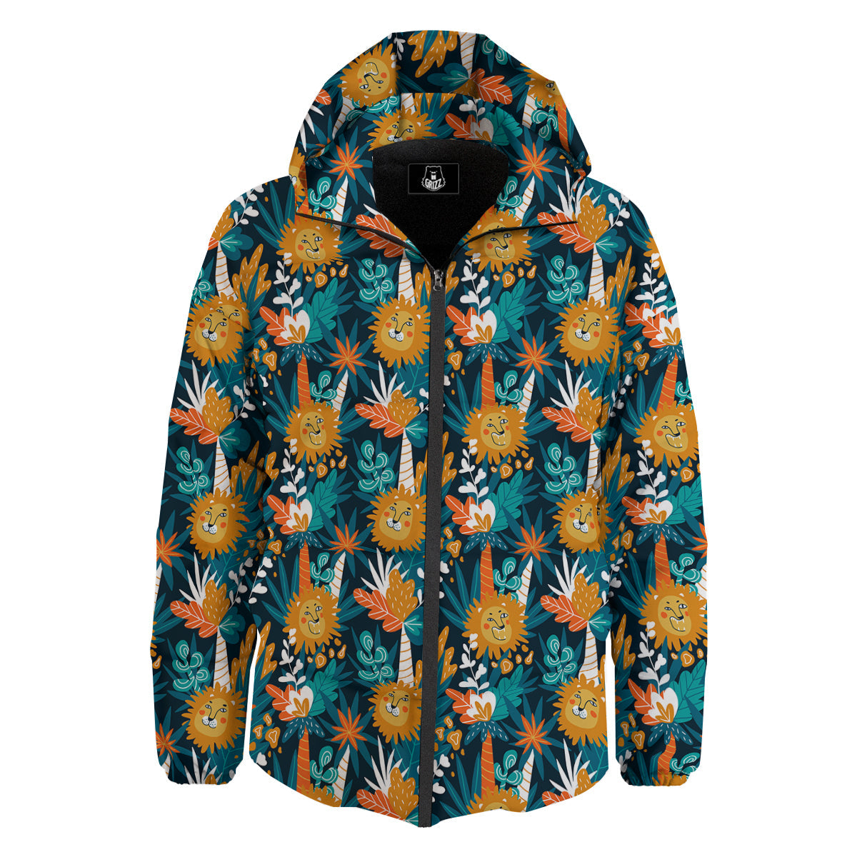Cartoon Lion And Forest Print Pattern Down Jacket-grizzshop