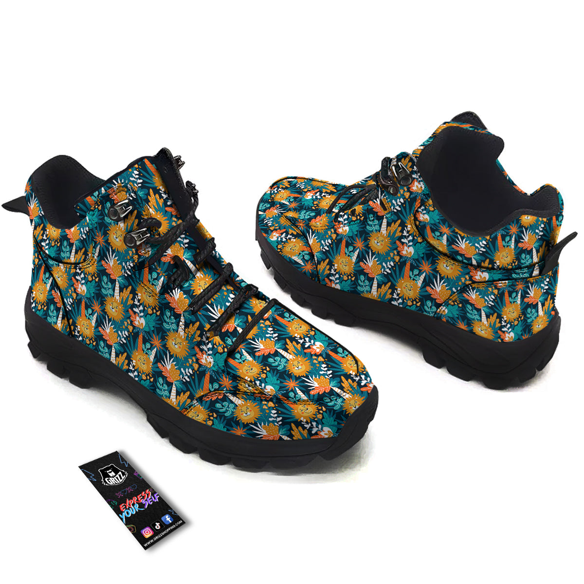Cartoon Lion And Forest Print Pattern Hiking Shoes-grizzshop