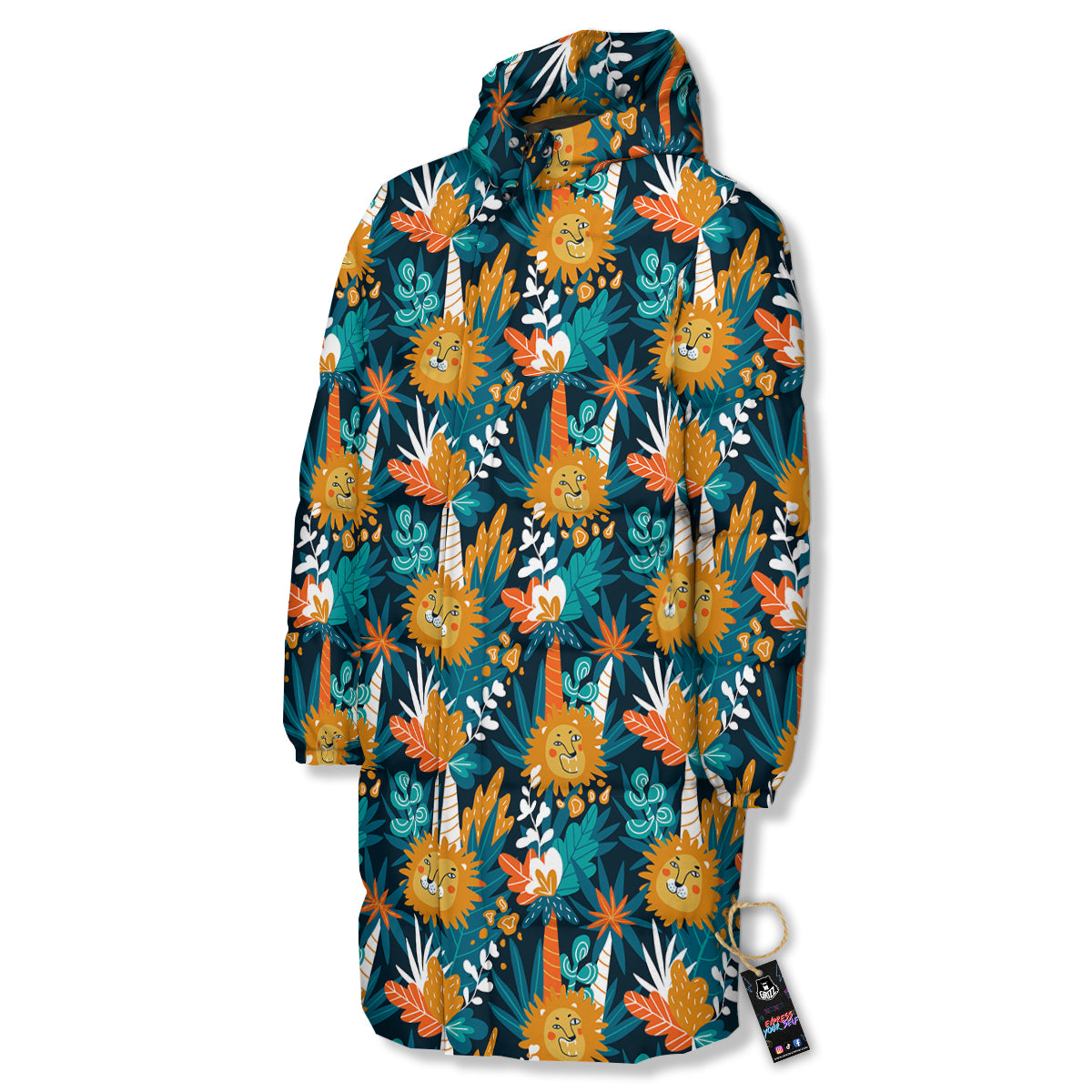 Cartoon Lion And Forest Print Pattern Long Down Jacket-grizzshop