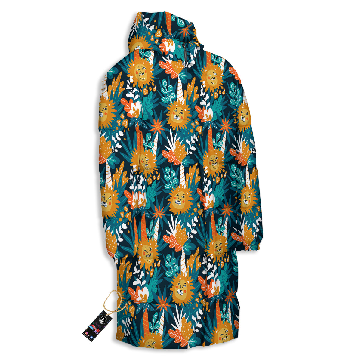 Cartoon Lion And Forest Print Pattern Long Down Jacket-grizzshop