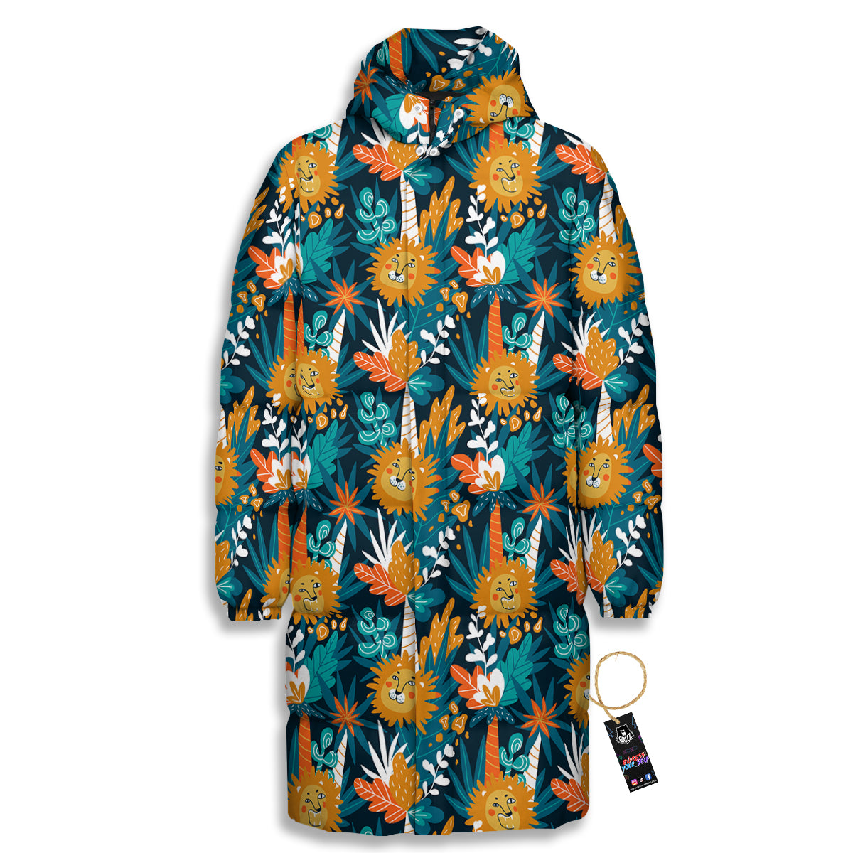 Cartoon Lion And Forest Print Pattern Long Down Jacket-grizzshop
