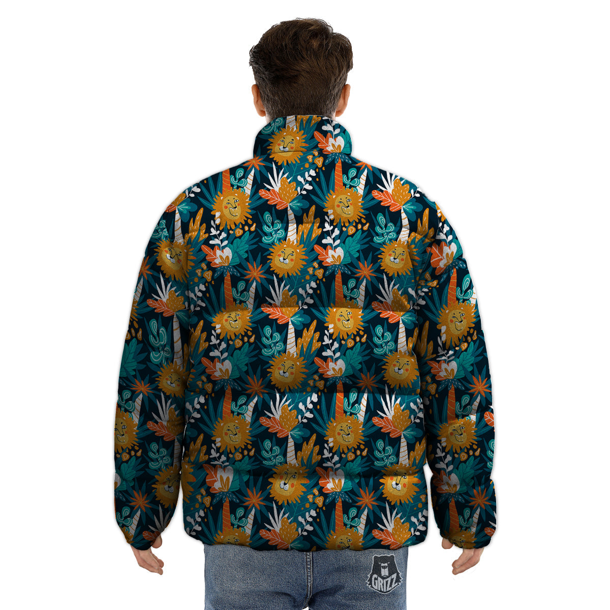 Cartoon Lion And Forest Print Pattern Puffer Jacket-grizzshop