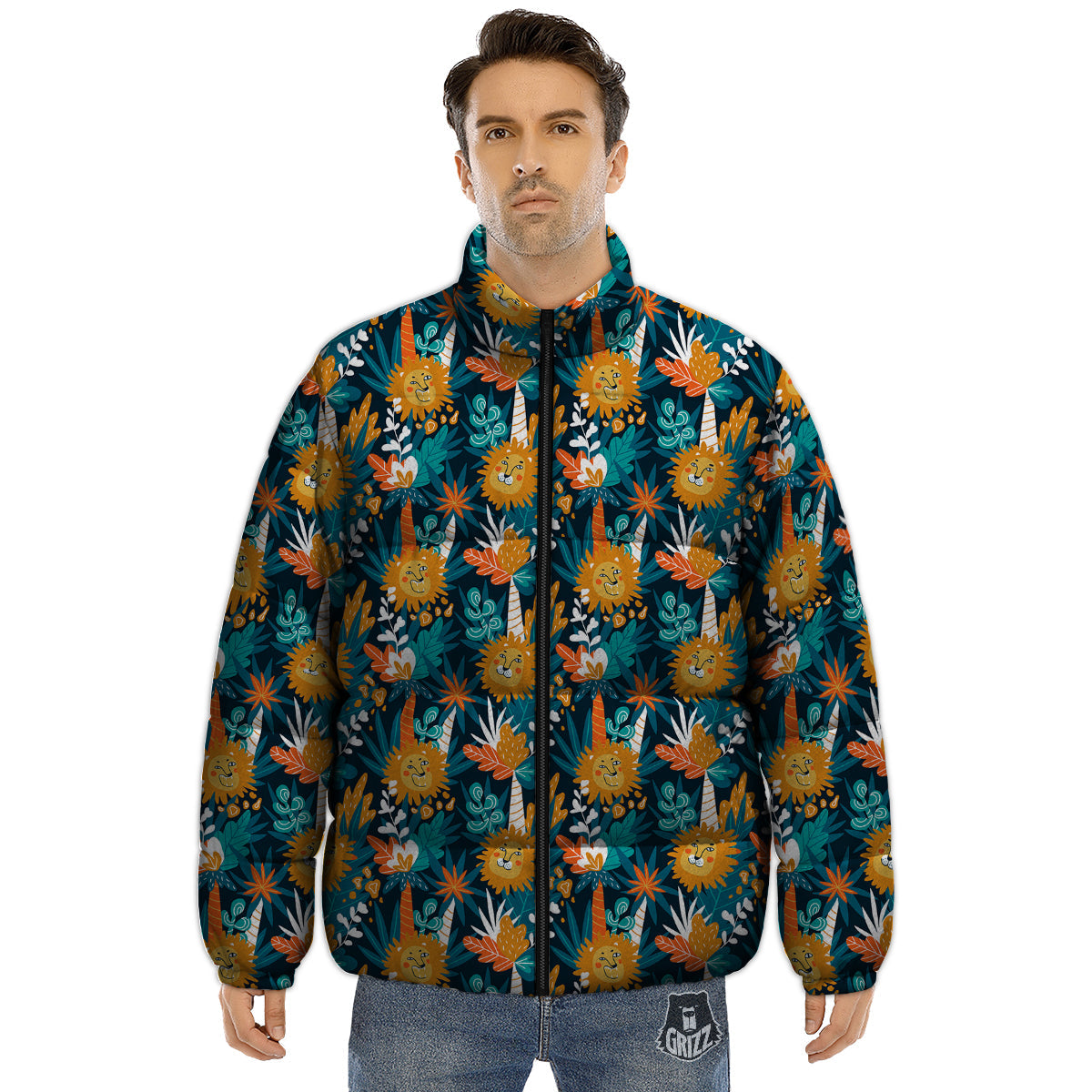 Cartoon Lion And Forest Print Pattern Puffer Jacket-grizzshop