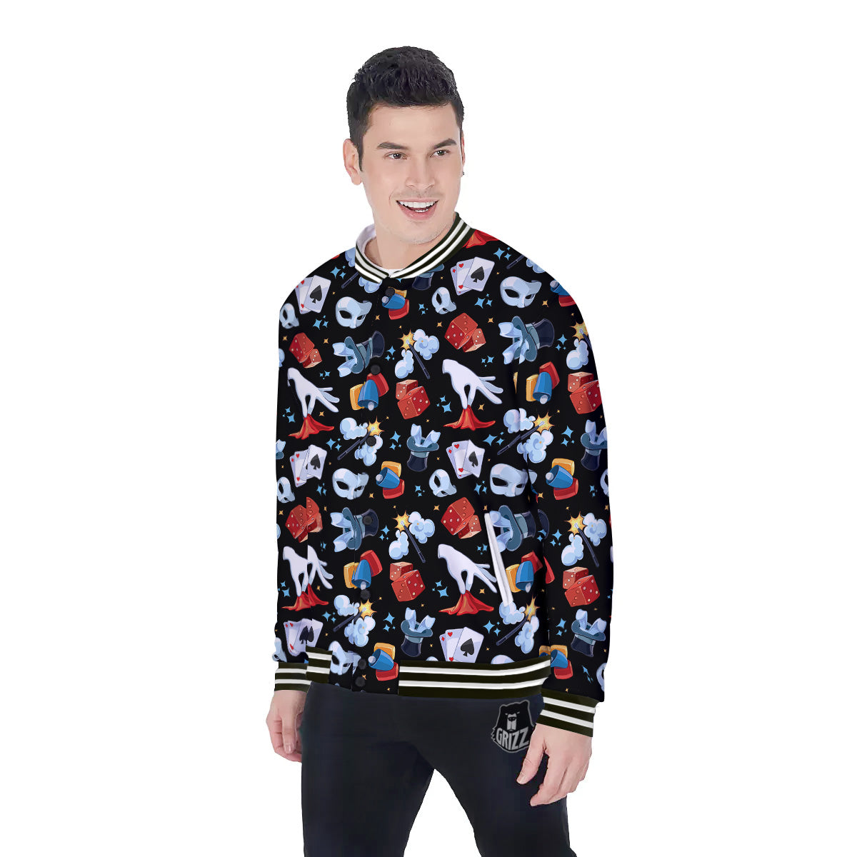 Cartoon Magic Show Print Pattern Baseball Jacket-grizzshop