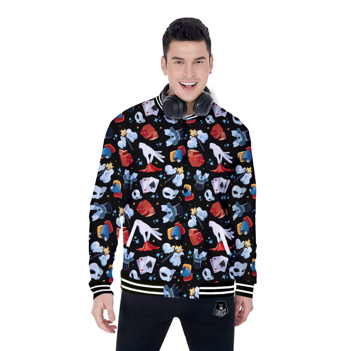 Cartoon Magic Show Print Pattern Baseball Jacket-grizzshop
