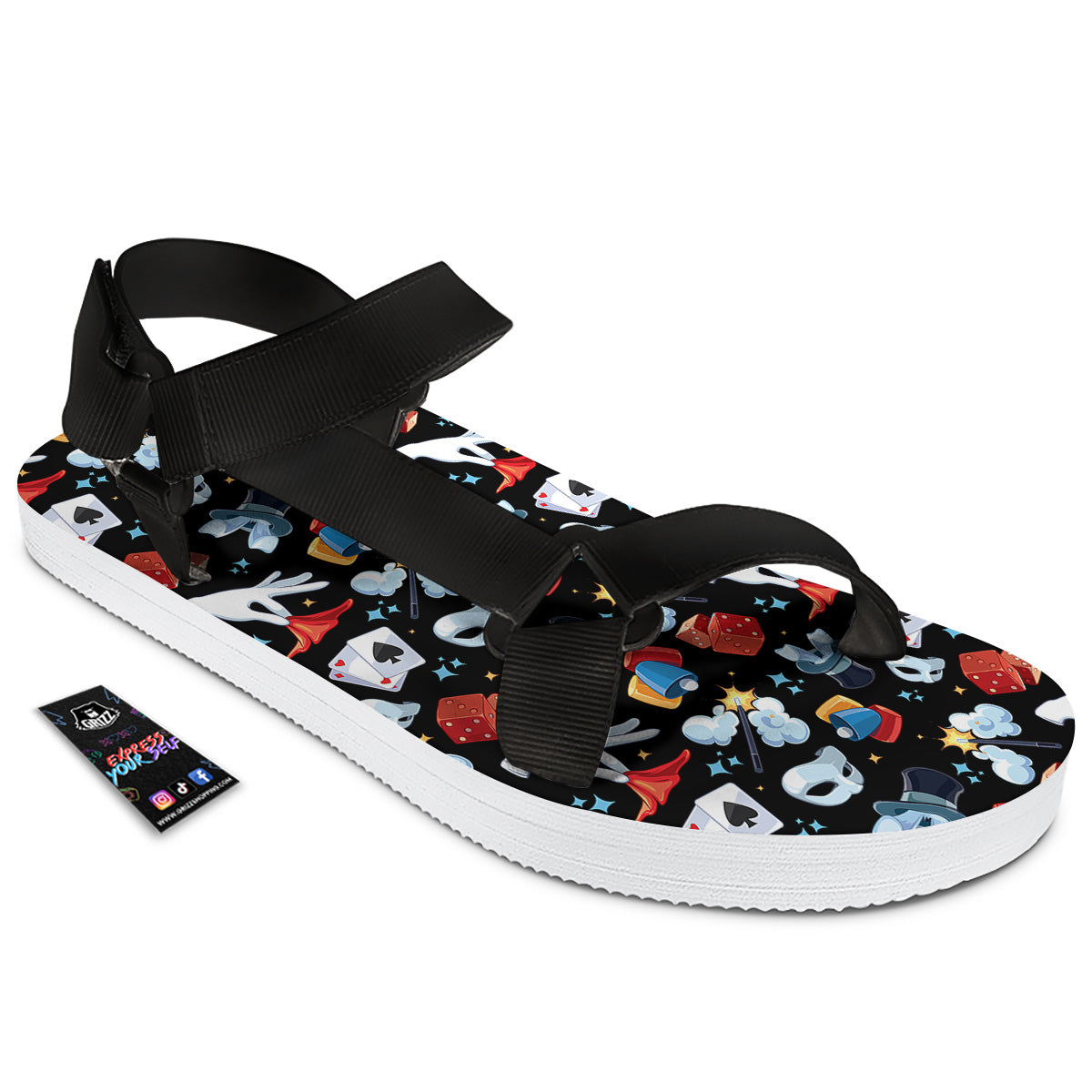 Cartoon Magic Show Print Pattern Black Open Toe Sandals-grizzshop