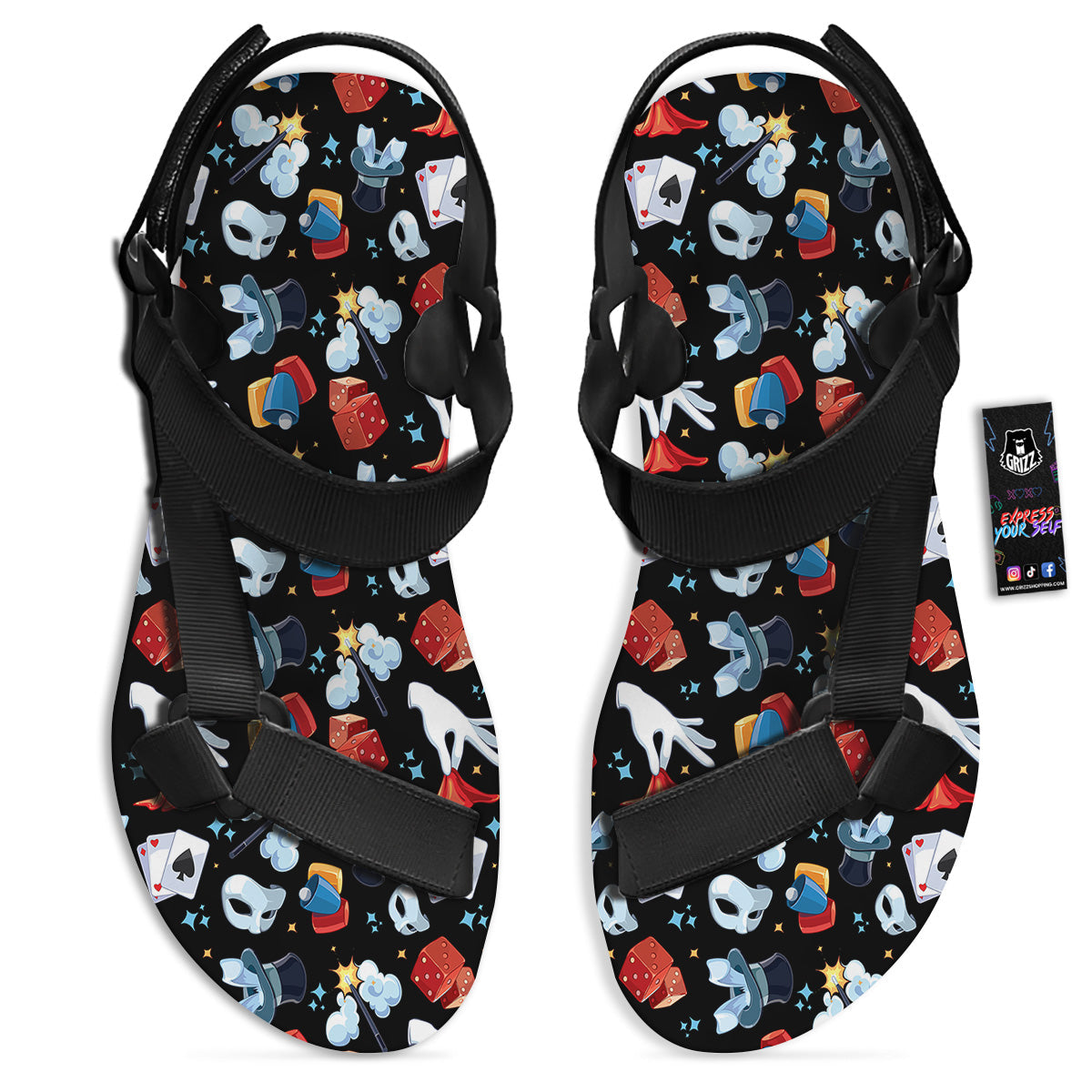Cartoon Magic Show Print Pattern Black Open Toe Sandals-grizzshop