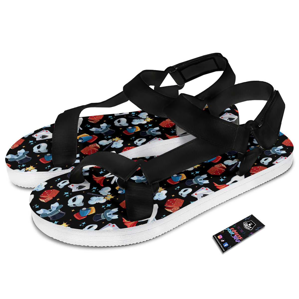 Cartoon Magic Show Print Pattern Black Open Toe Sandals-grizzshop