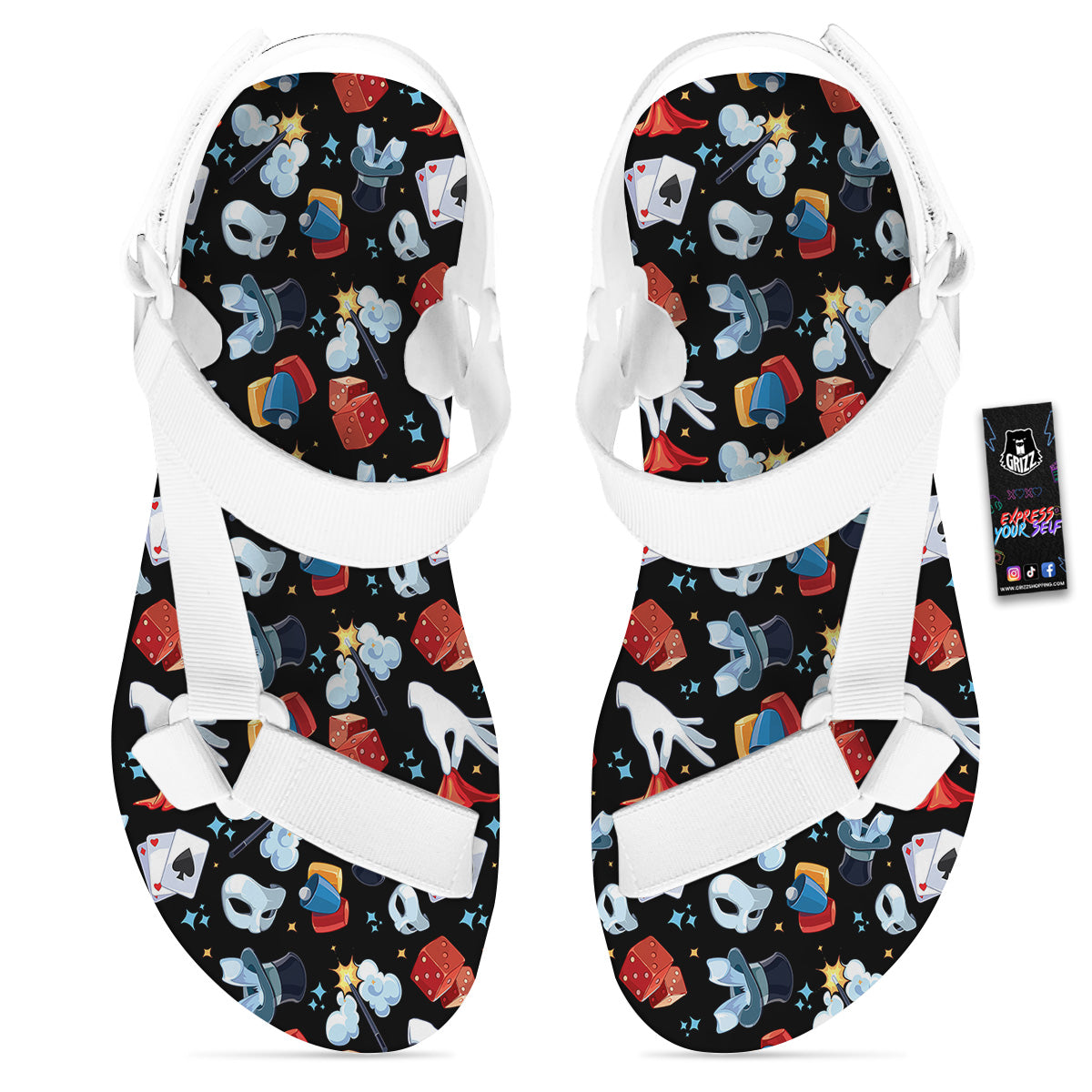 Cartoon Magic Show Print Pattern White Open Toe Sandals-grizzshop
