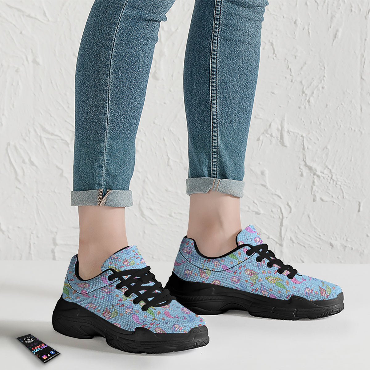 Cartoon Mermaid Print Pattern Black Chunky Shoes-grizzshop