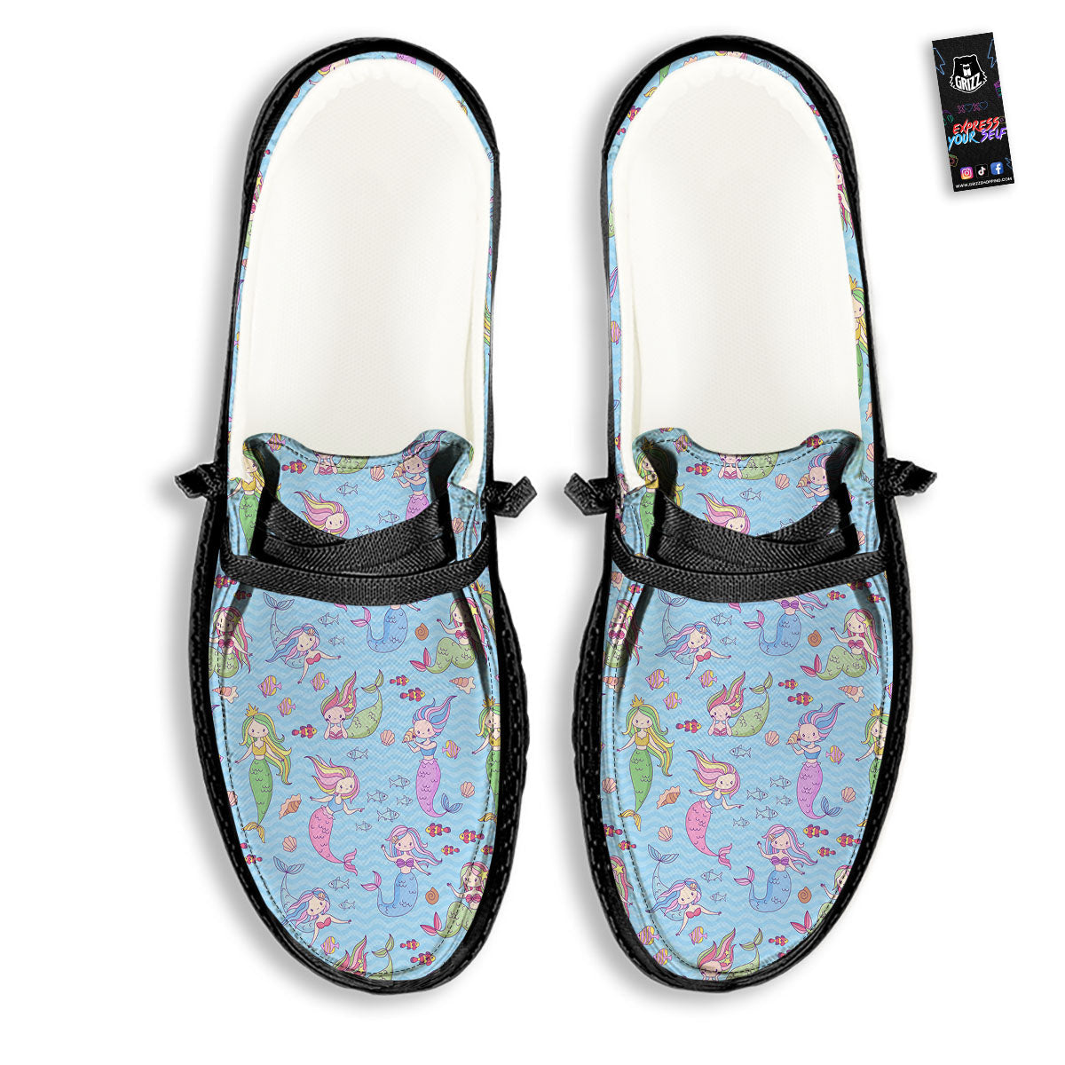 Cartoon Mermaid Print Pattern Black Loafers-grizzshop