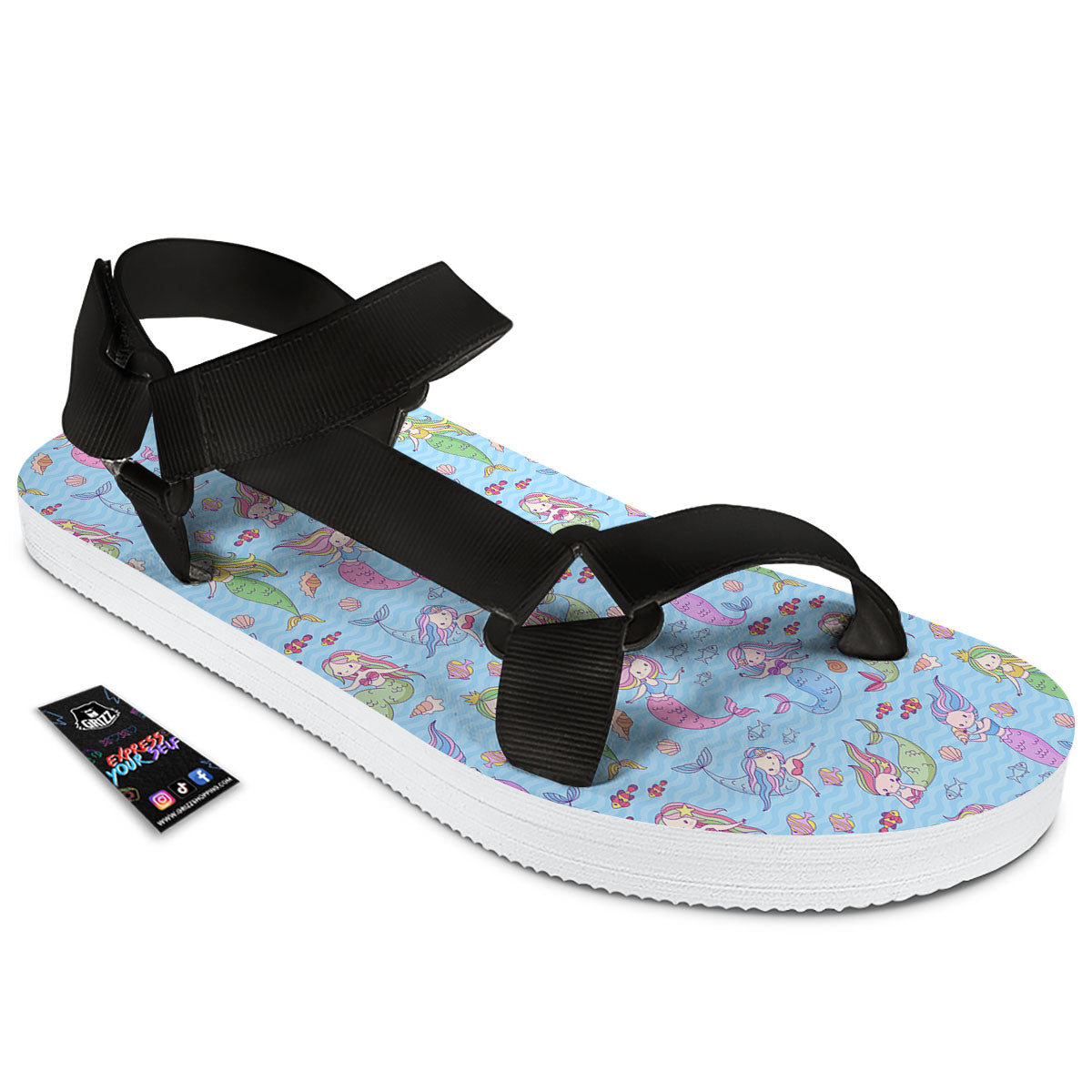 Cartoon Mermaid Print Pattern Black Open Toe Sandals-grizzshop