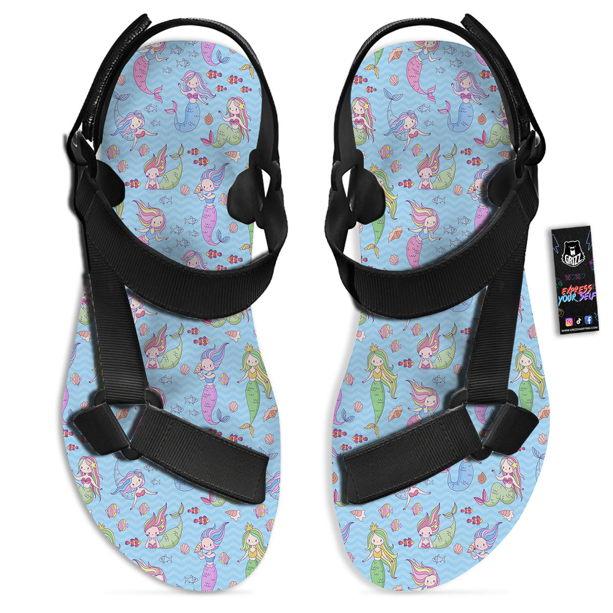 Cartoon Mermaid Print Pattern Black Open Toe Sandals-grizzshop