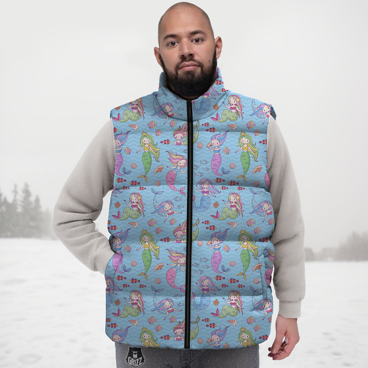 Cartoon Mermaid Print Pattern Down Vest-grizzshop