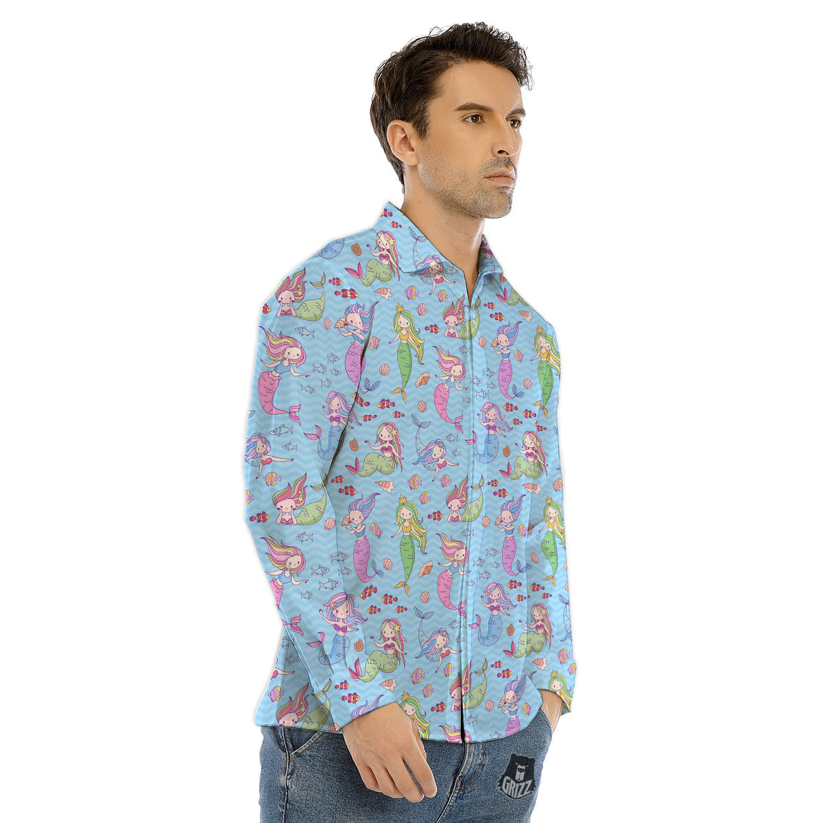 Cartoon Mermaid Print Pattern Men's Dress Shirts-grizzshop