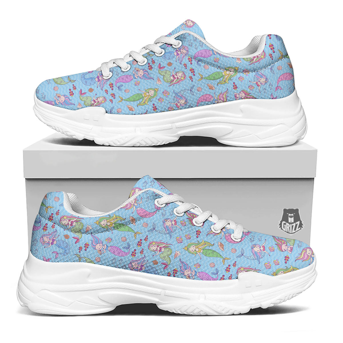 Cartoon Mermaid Print Pattern White Chunky Shoes-grizzshop