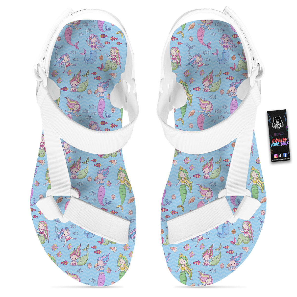 Cartoon Mermaid Print Pattern White Open Toe Sandals-grizzshop