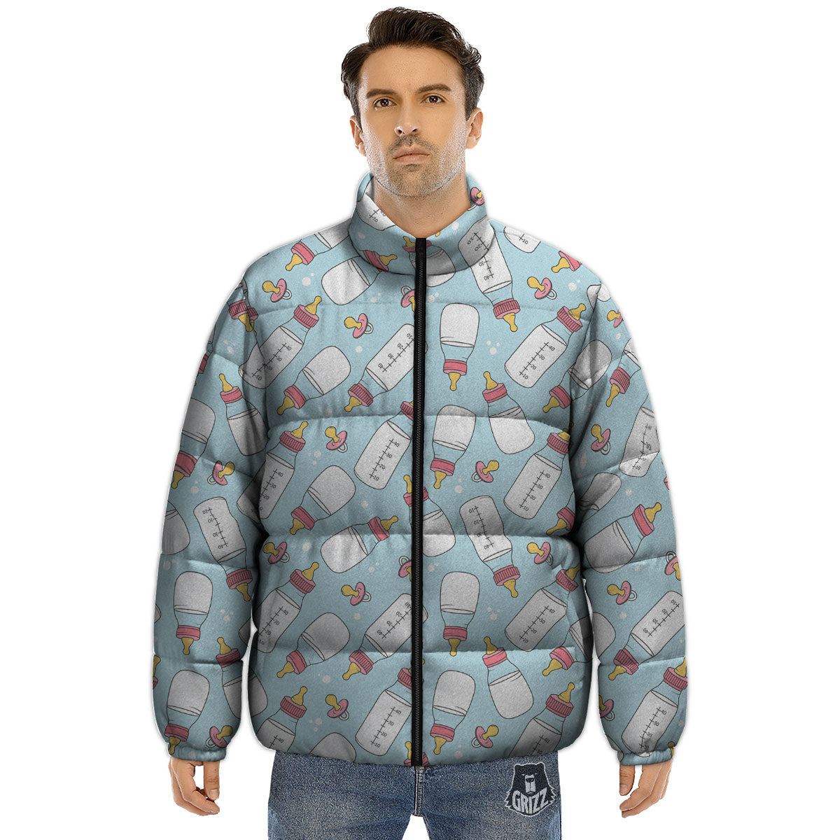 Cartoon Milk Bottle Print Pattern Puffer Jacket-grizzshop