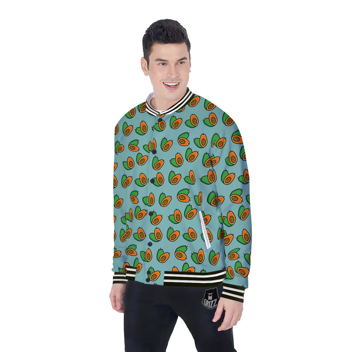 Cartoon Papaya Print Pattern Baseball Jacket-grizzshop