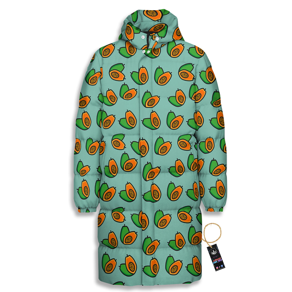 Cartoon Papaya Print Pattern Long Down Jacket-grizzshop