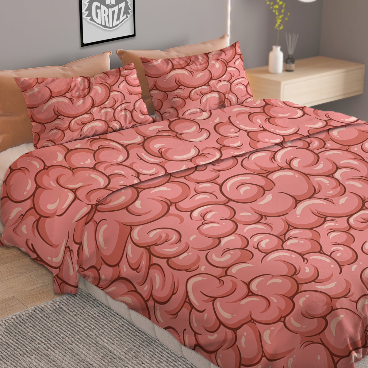 Cartoon Pink Brain Print Pattern Duvet Cover Bedding Set
