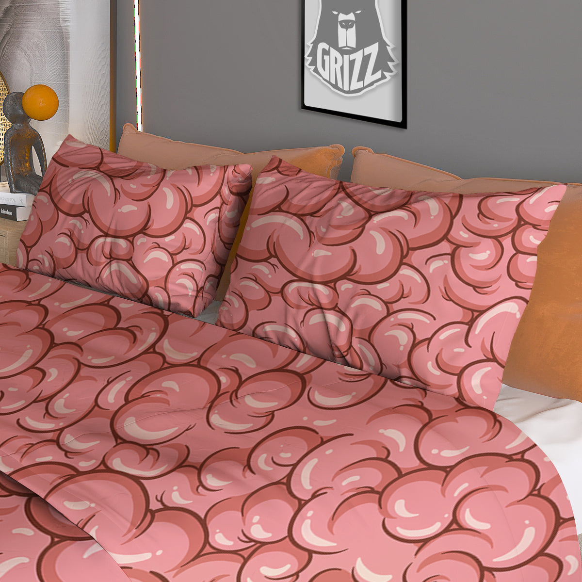 Cartoon Pink Brain Print Pattern Duvet Cover Bedding Set