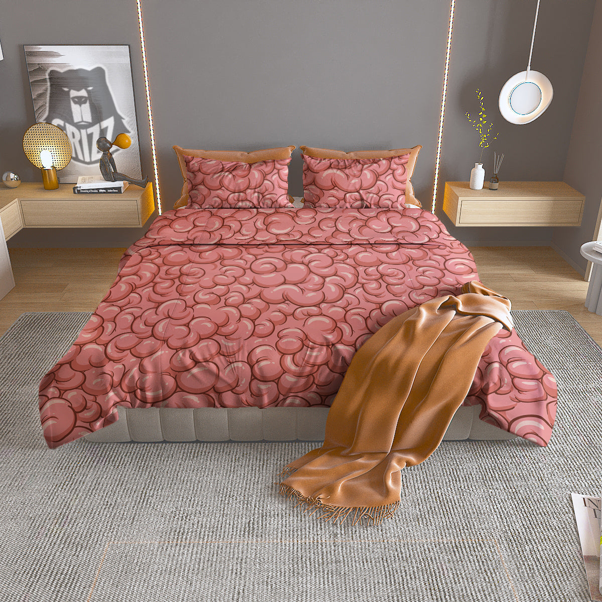 Cartoon Pink Brain Print Pattern Duvet Cover Bedding Set